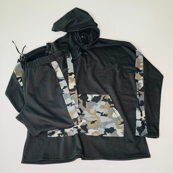 2pcs Set Black Hoody Sweatshirt & Jogger wi Camo - Picture 1 of 5